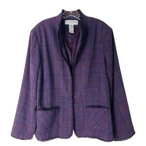 Sag Harbor purple plaid tweed fringe preppy office blazer jacket 16W